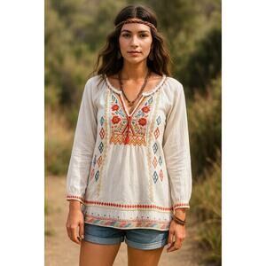 Johnny Was Embroidered Boho Peasant Tunic Top Women’s Small